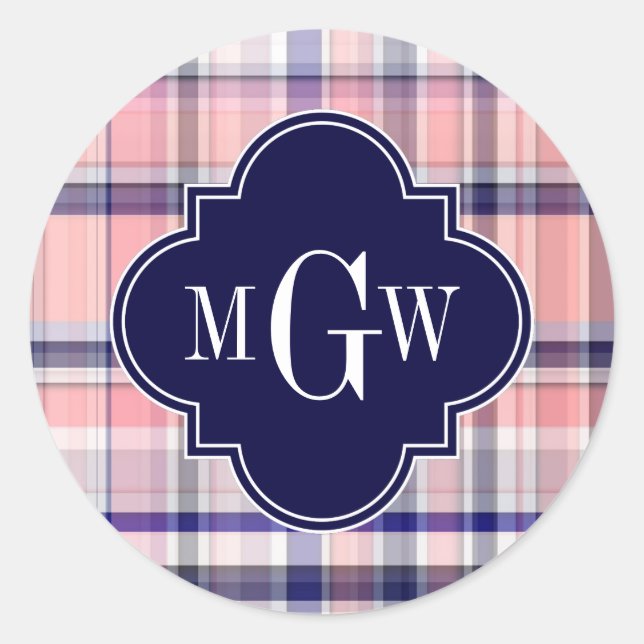 Pink Navy White Preppy Madras Quatrefoil Monogram Classic Round Sticker (Front)