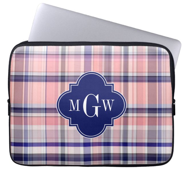 Pink Navy White Preppy Madras Quatrefoil Monogram Laptop Sleeve (Front)