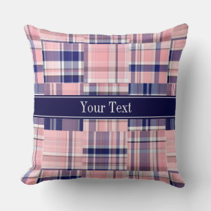 Pink Navy Wht Preppy Patchwork Madras N Monogram Cushion