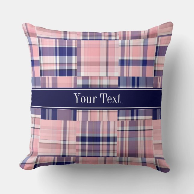 Pink Navy Wht Preppy Patchwork Madras N Monogram Cushion (Front)
