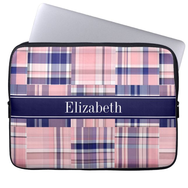 Pink Navy Wht Preppy Patchwork Madras N Monogram Laptop Sleeve (Front)
