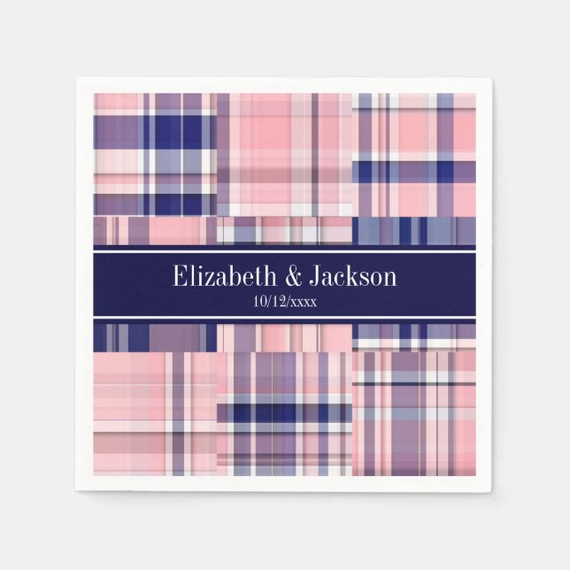 Pink Navy Wht Preppy Patchwork Madras N Monogram Napkin (Front)