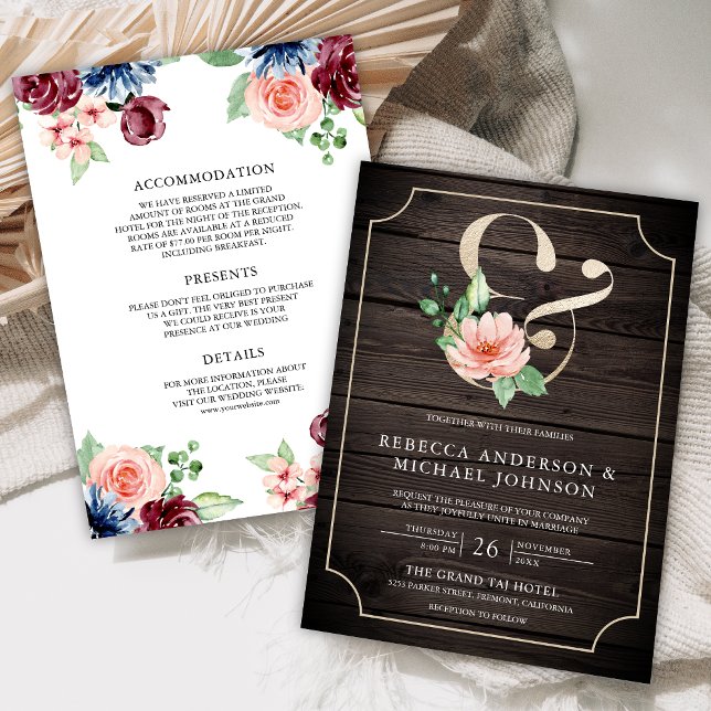 Pink Navy Wood Burgundy Floral Ampersand Wedding  Invitation (Creator Uploaded)