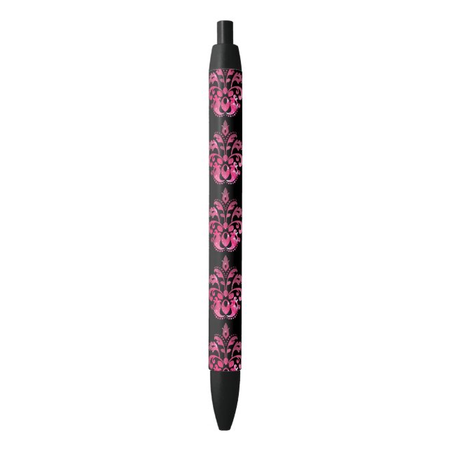 Pink nebula damask pattern on black ink pen (Front Vertical)