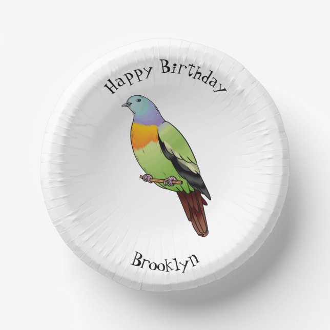 Pink-necked green pigeon bird cartoon illustration paper plate (Front)