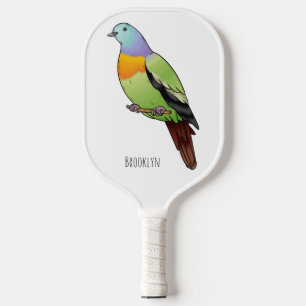 Pink-necked green pigeon bird cartoon illustration pickleball paddle