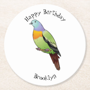 Pink-necked green pigeon bird cartoon illustration round paper coaster