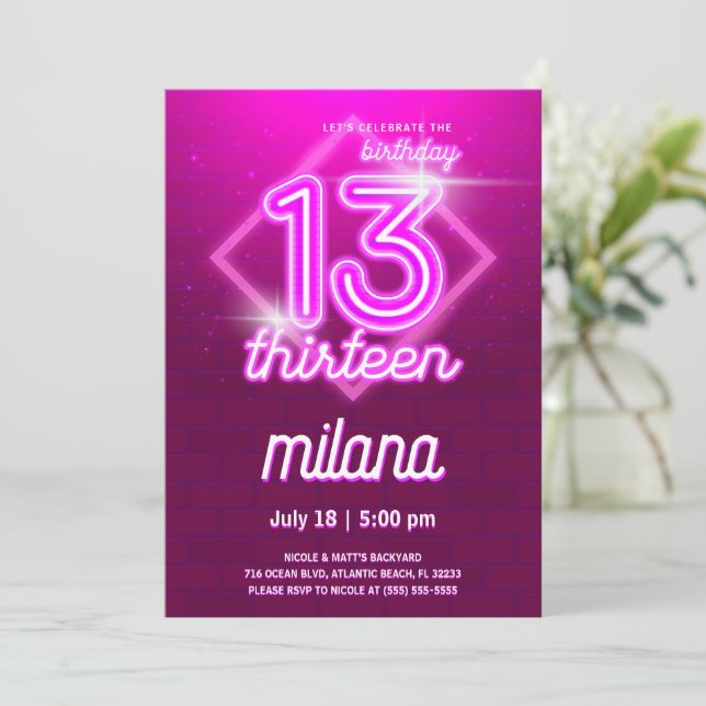 Pink Neon 13th Birthday Party Invitation Card (Standing Front)