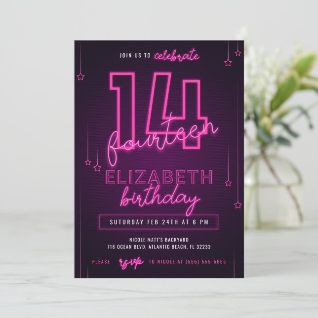 Pink Neon 14th Birthday Party Let's Glow Crazy Invitation (Standing Front)
