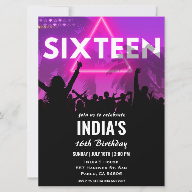 Pink Neon 16th Birthday Party Invitation (Front)