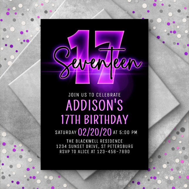 Pink Neon 17th Birthday Invitation (Creator Uploaded)