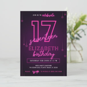 Pink Neon 17th Birthday Party Let's Glow Crazy Invitation