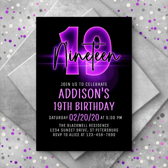 Pink Neon 19th Birthday Invitation (Creator Uploaded)