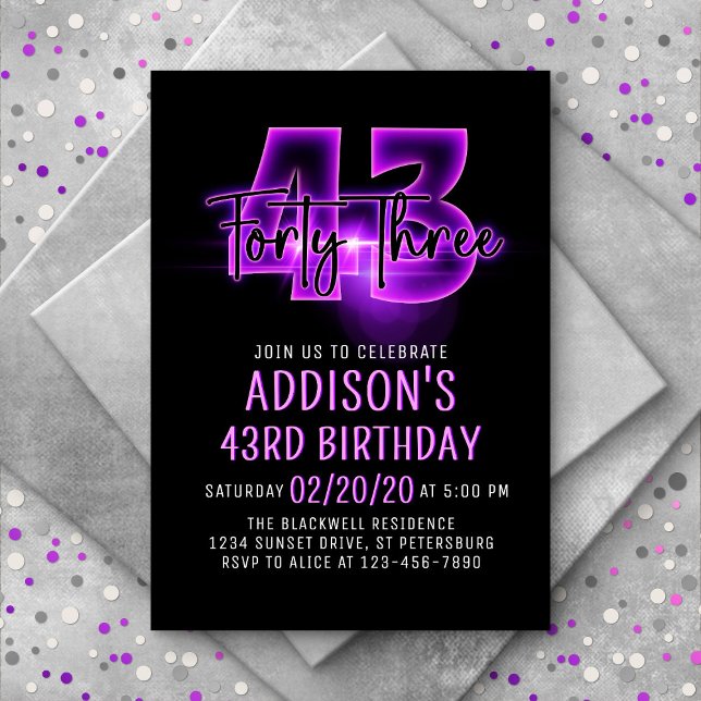 Pink Neon 43rd Birthday Invitation (Creator Uploaded)