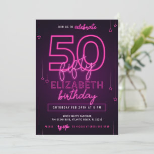 Pink Neon 50th Birthday Party Let's Glow Crazy Invitation