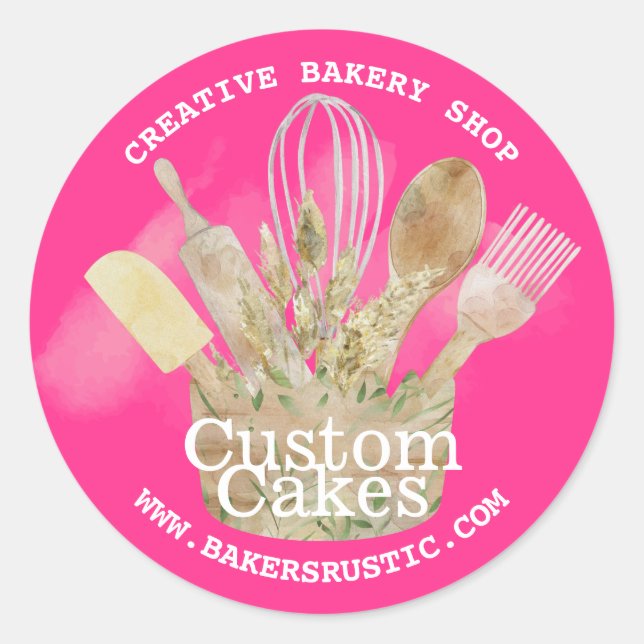 Pink Neon Bakery pastry patisserie chef Classic Round Sticker (Front)