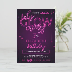 Pink Neon Birthday Party Let's Glow Crazy Invitation