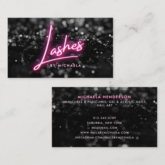 Pink Neon & Black Glitter Lash Extensions Salon Business Card (Front/Back)