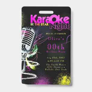 Pink Neon Black Karaoke 00th Birthday Party Invita ID Badge