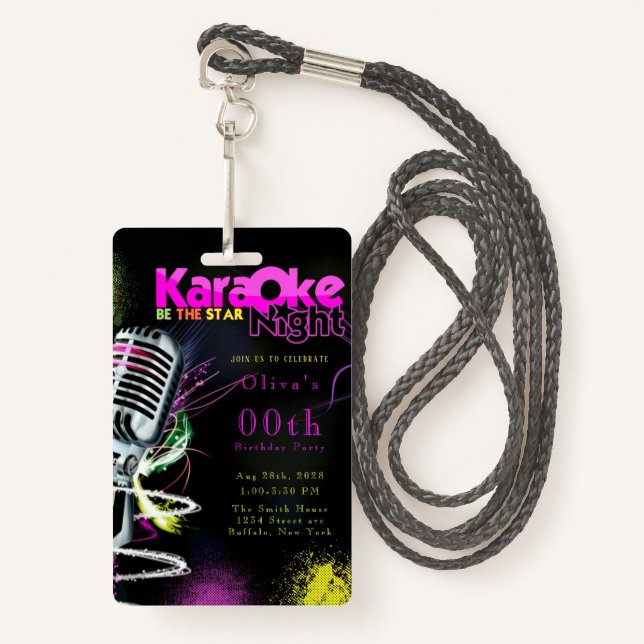 Pink Neon Black Karaoke 00th Birthday Party Invita ID Badge (Front with Lanyard)