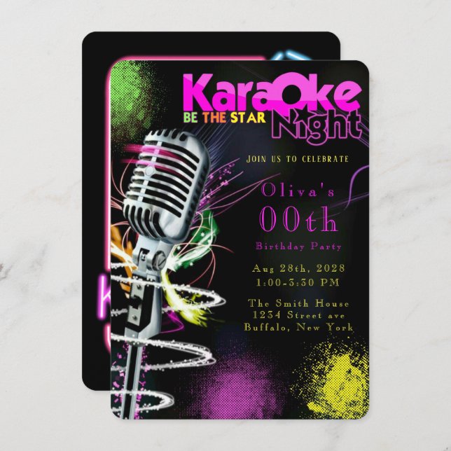 Pink Neon Black Karaoke 00th Birthday Party Invitation (Front/Back)