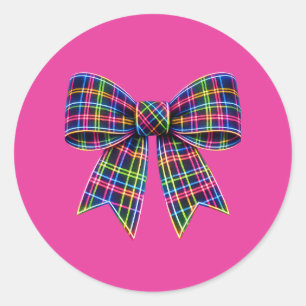 Pink Neon Bow Tartan Ribbon Scottish Cute Classic Round Sticker