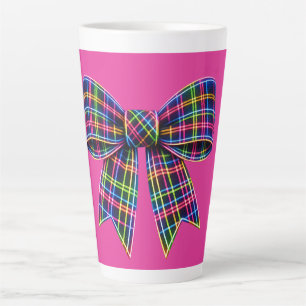 Pink Neon Bow Tartan Ribbon Scottish Cute Latte Mug