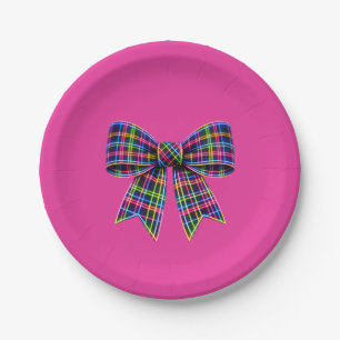 Pink Neon Bow Tartan Ribbon Scottish Cute Paper Plate