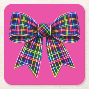 Pink Neon Bow Tartan Ribbon Scottish Cute Square Paper Coaster