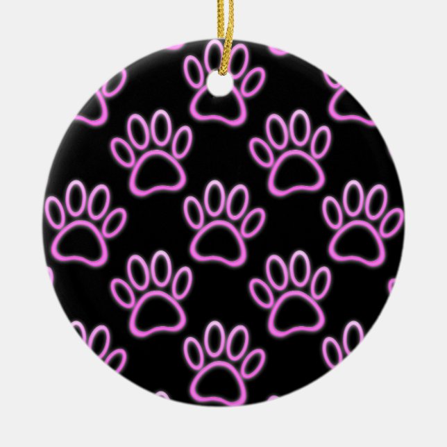 Pink Neon Dog Paw Print Ceramic Tree Decoration (Front)