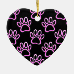 Pink Neon Dog Paw Print Ceramic Tree Decoration