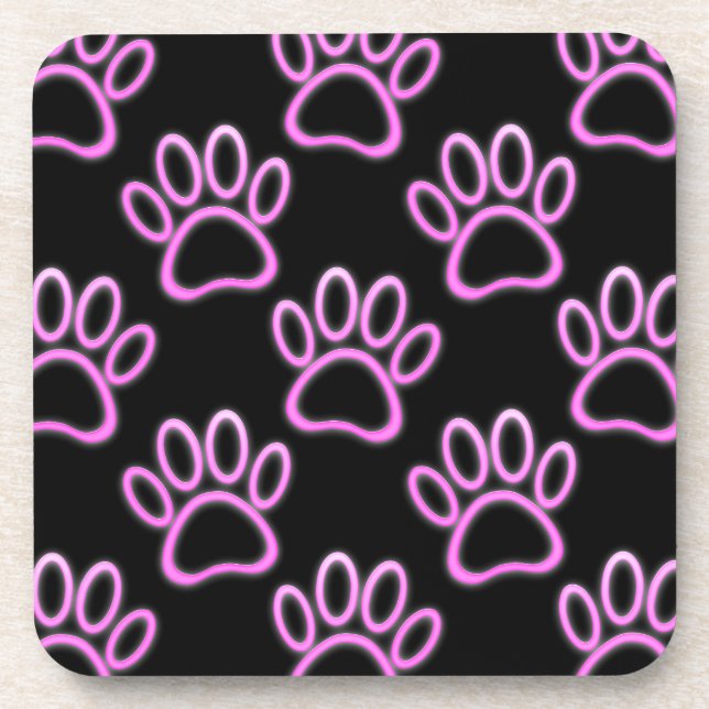 Pink Neon Dog Paw Print Coaster (Front)