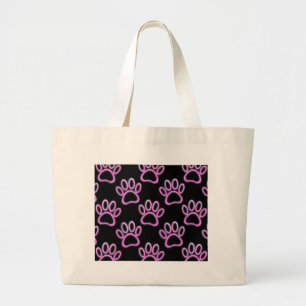 Pink Neon Dog Paw Print Large Tote Bag