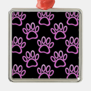 Pink Neon Dog Paw Print Metal Ornament