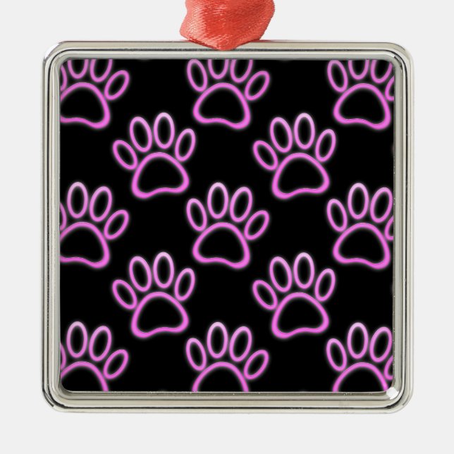 Pink Neon Dog Paw Print Metal Ornament (Front)