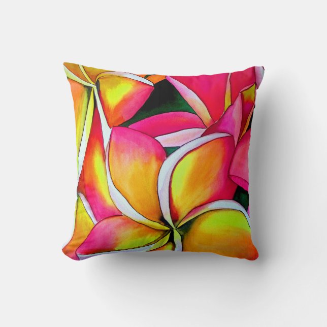 Pink neon Frangipani Plumeria Beach art Cushion (Front)