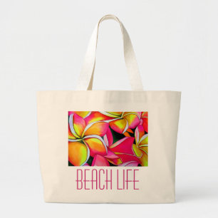 Pink neon Frangipani Plumeria beach art Large Tote Bag