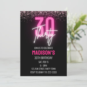 Pink Neon Glitter 30th Birthday Invitation Women