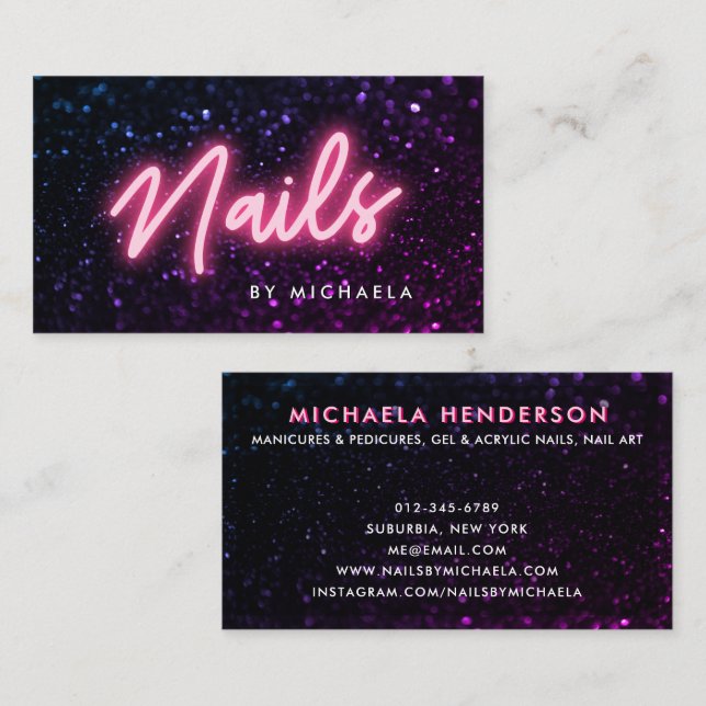 Pink Neon & Glitter Nail Salon/Technician Business Card (Front/Back)