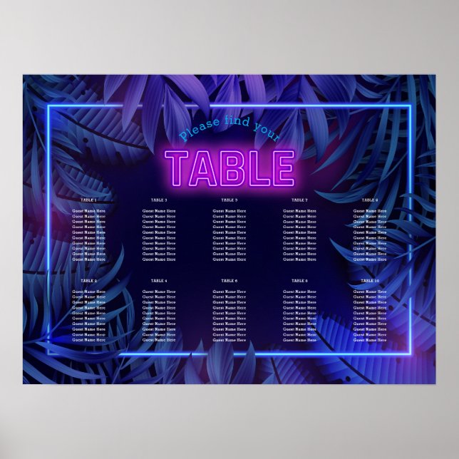 Pink Neon Glow Birthday Downloadable Seating Chart (Front)