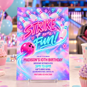 Pink Neon Glow Bowling Birthday Party Invitation
