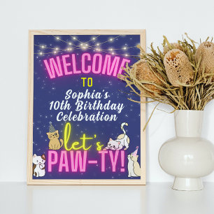 Pink Neon Glow Cute Cat Kittens Pawty Welcome Sign