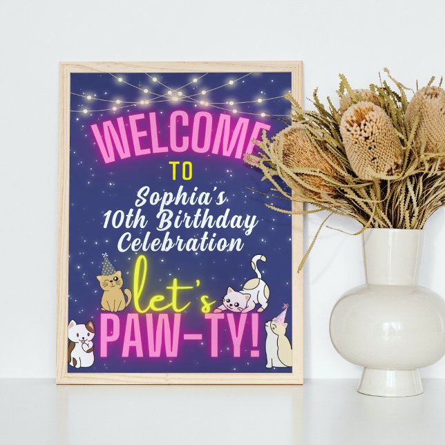 Pink Neon Glow Cute Cat Kittens Pawty Welcome Sign (Creator Uploaded)