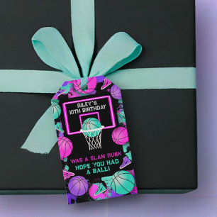 Pink Neon Grunge Paint Splatter Basketball Favour Gift Tags