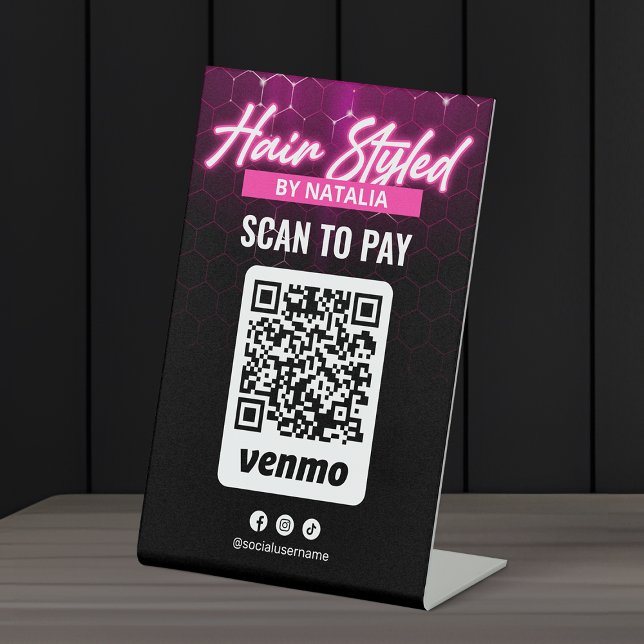 Pink Neon Hair Salon Venmo Scan QR Code Payment Pedestal Sign (Creator Uploaded)