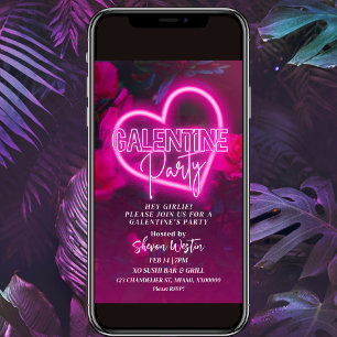 Pink Neon Heart Galentine Party Invitation