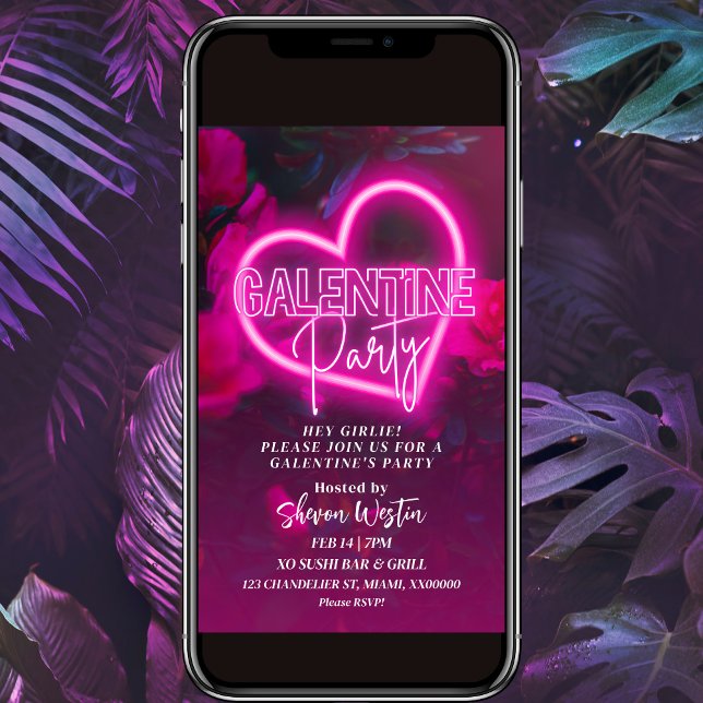 Pink Neon Heart Galentine Party Invitation (Creator Uploaded)