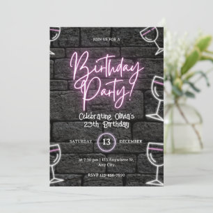 Pink Neon Light Birthday for Women Invitation