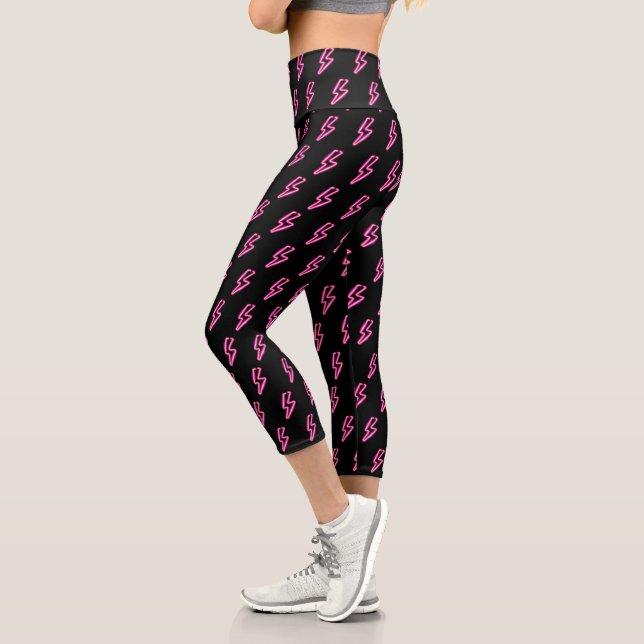 Pink Neon Lightning Bolt Pattern Capri Leggings (Left)