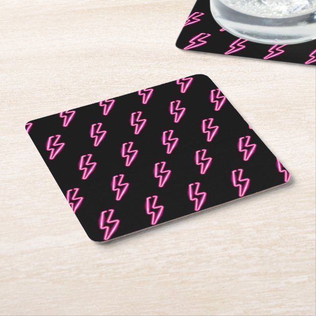 Pink Neon Lightning Bolt Pattern Square Paper Coaster (Angled)